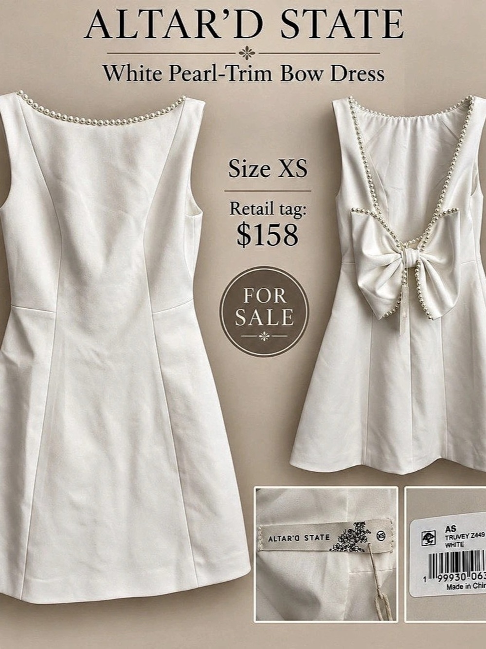 ALtar'd State Truvey Pearl-Trim Bow Dress Mini Dress XS